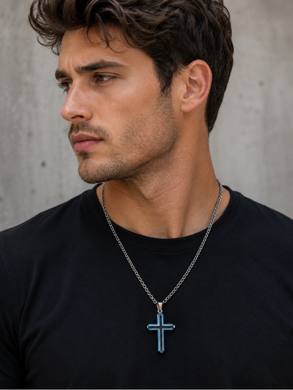 Believe by Brilliance Stainless Steel Cross Necklace 24” Blue Accent